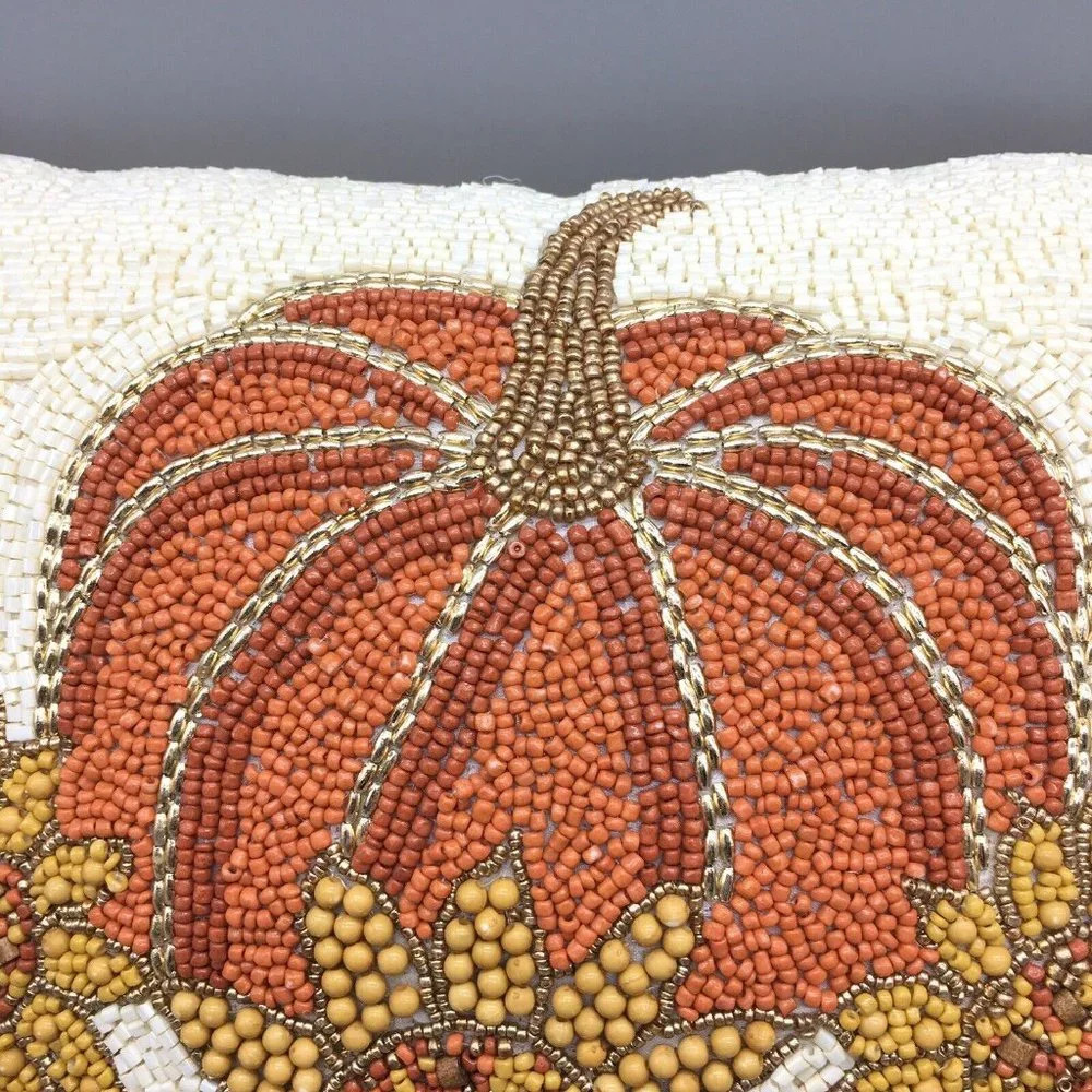2 Autumn Hill Beaded Orange Pumpkin Sunflower Accent Pillow Set Fall Decor 12x16